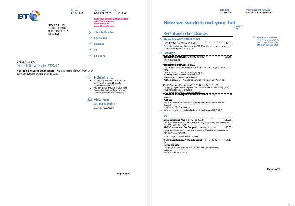 United Kingdom BT business utility bill template in Word and PDF formats, 2 pages